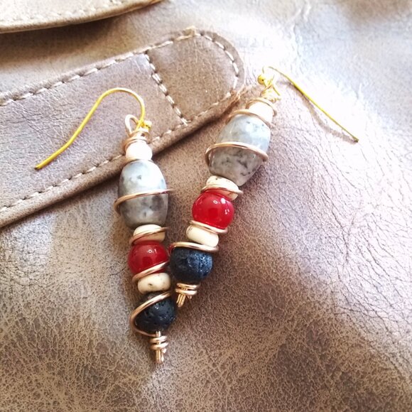 Mixed Gemstones ~ Wire Wrapped Scepter Earrings! Unique + Colorful Fall Danglers - Picture 1 of 6